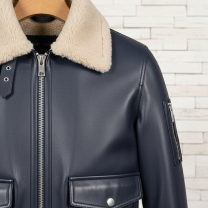 Navy Leather Aviator Jacket - Navy - Back View