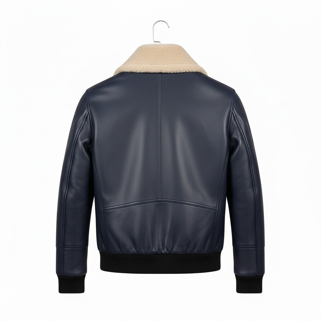 Navy Leather Aviator Jacket - Navy - Fabric Detail