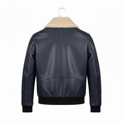 Navy Leather Aviator Jacket - Navy - Fabric Detail