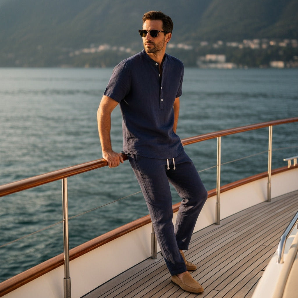 Navy Linen Set Men - Navy - Angled Shot
