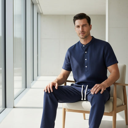 Navy Linen Set Men - Navy - Side Profile