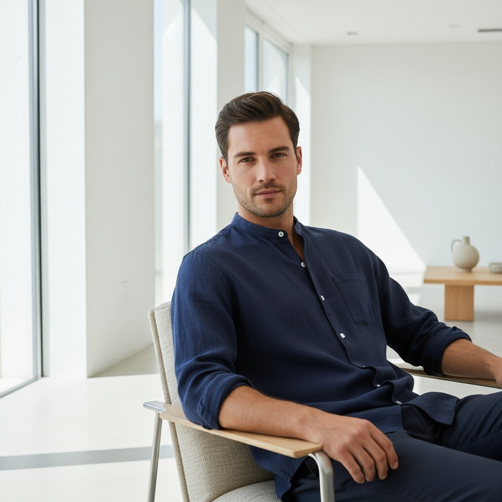 Navy Linen Shirt - Navy - Side Profile