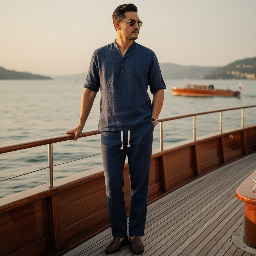 Navy Linen Summer Set Men - Navy - Angled Shot