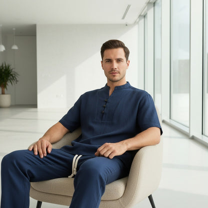 Navy Linen Summer Set Men - Navy - Side Profile