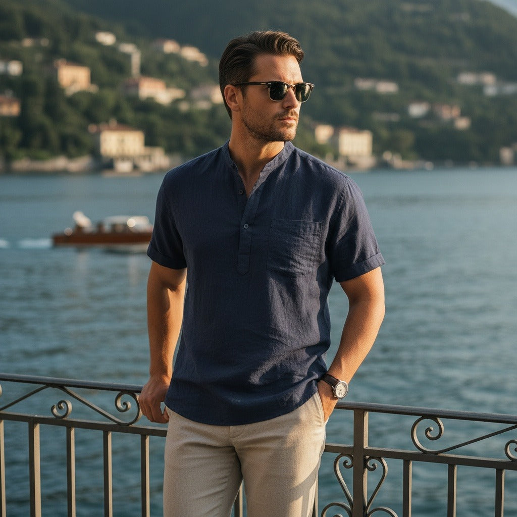 Navy Linen T Shirt - Navy - Angled Shot