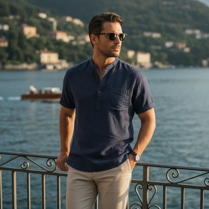 Navy Linen T Shirt - Navy - Angled Shot