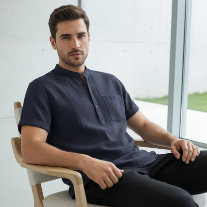 Navy Linen T Shirt - Navy - Side Profile