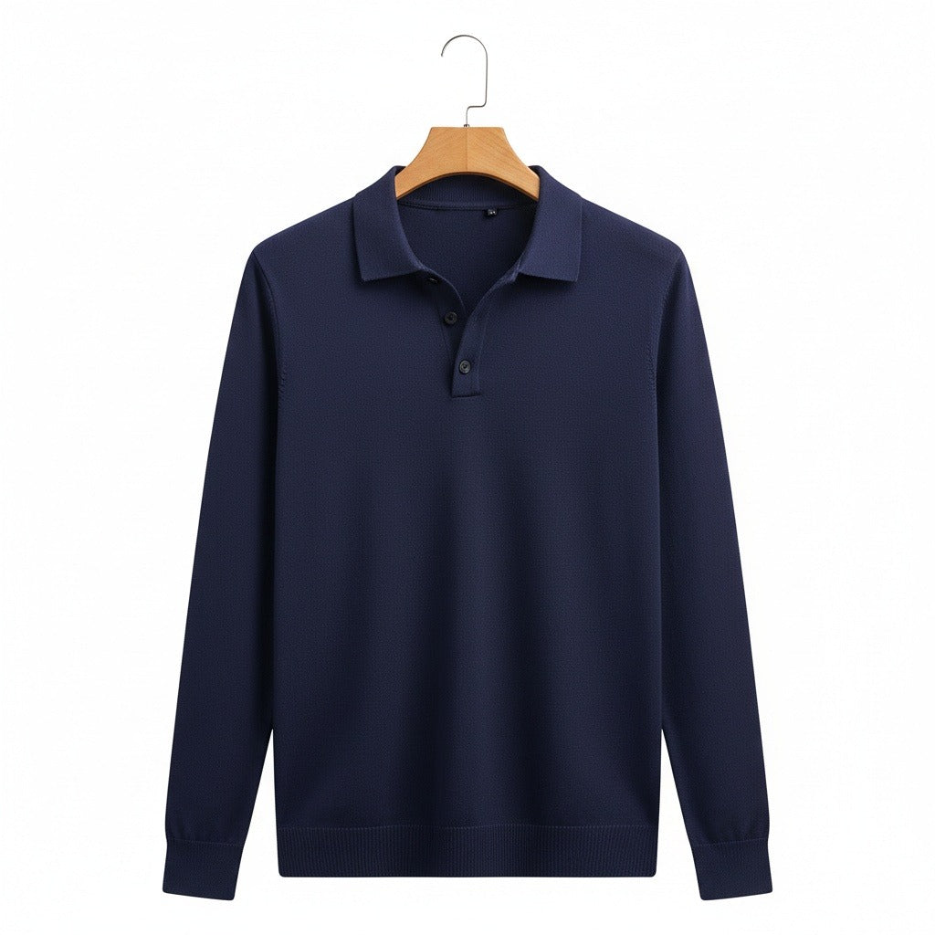 Navy Long Sleeve Polo Shirt - Navy - Front View