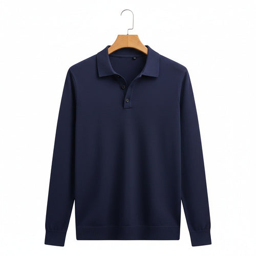Navy Long Sleeve Polo Shirt - Navy - Front View