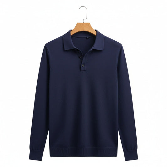 Navy Long Sleeve Polo Shirt - Navy - Front View