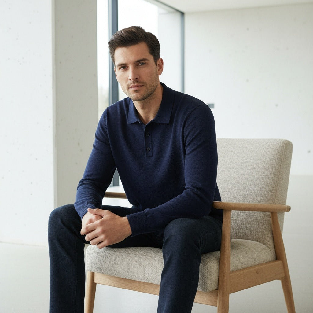 Navy Long Sleeve Polo Shirt - Navy - Side Profile