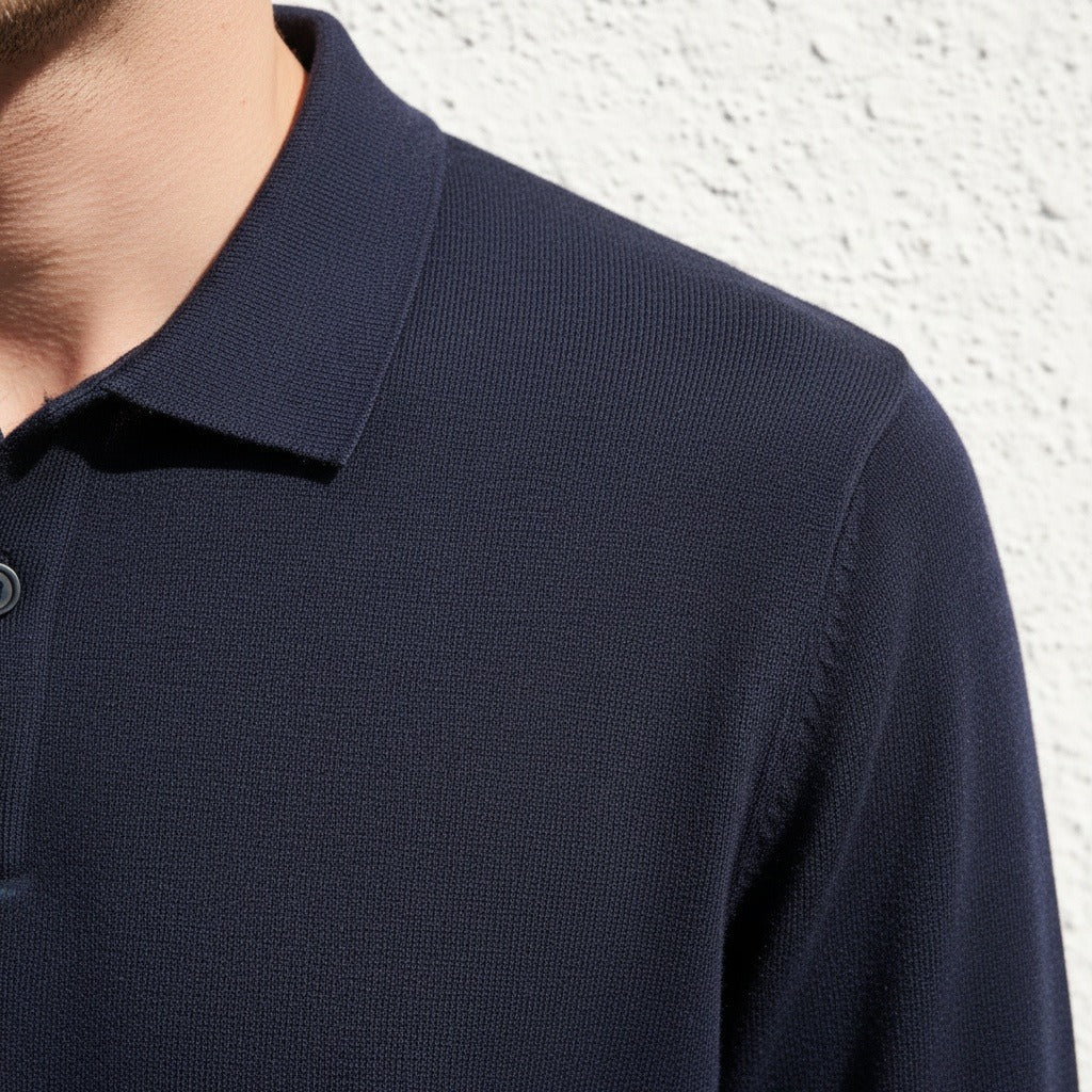 Navy Long Sleeve Polo Shirt - Navy - Back View