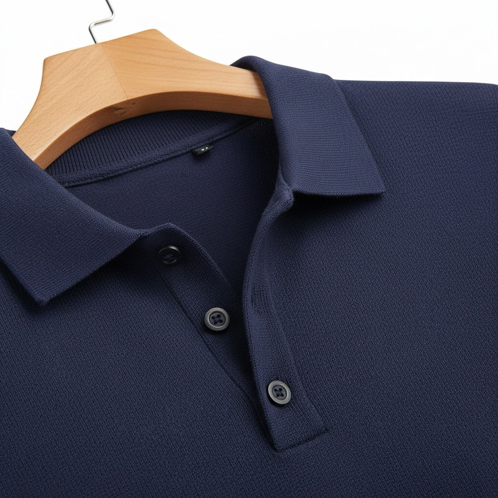 Navy Long Sleeve Polo Shirt - Navy - Texture Close Up