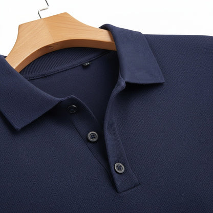 Navy Long Sleeve Polo Shirt - Navy - Texture Close Up