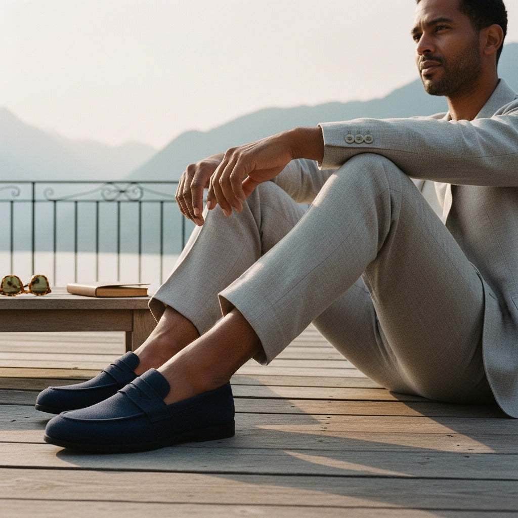 Navy Penny Loafers Mens - Navy - Angled Shot