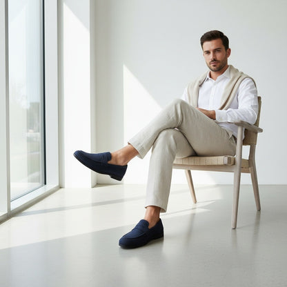 Navy Penny Loafers Mens - Navy - Side Profile
