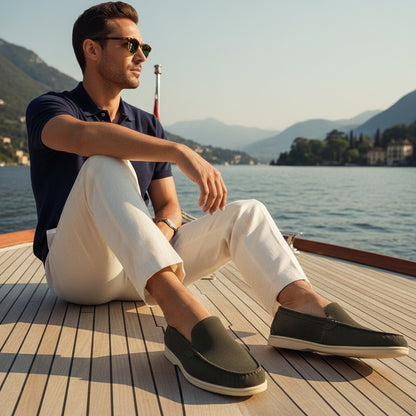 Olive Suede Loafers Men - Olive - Angled Shot