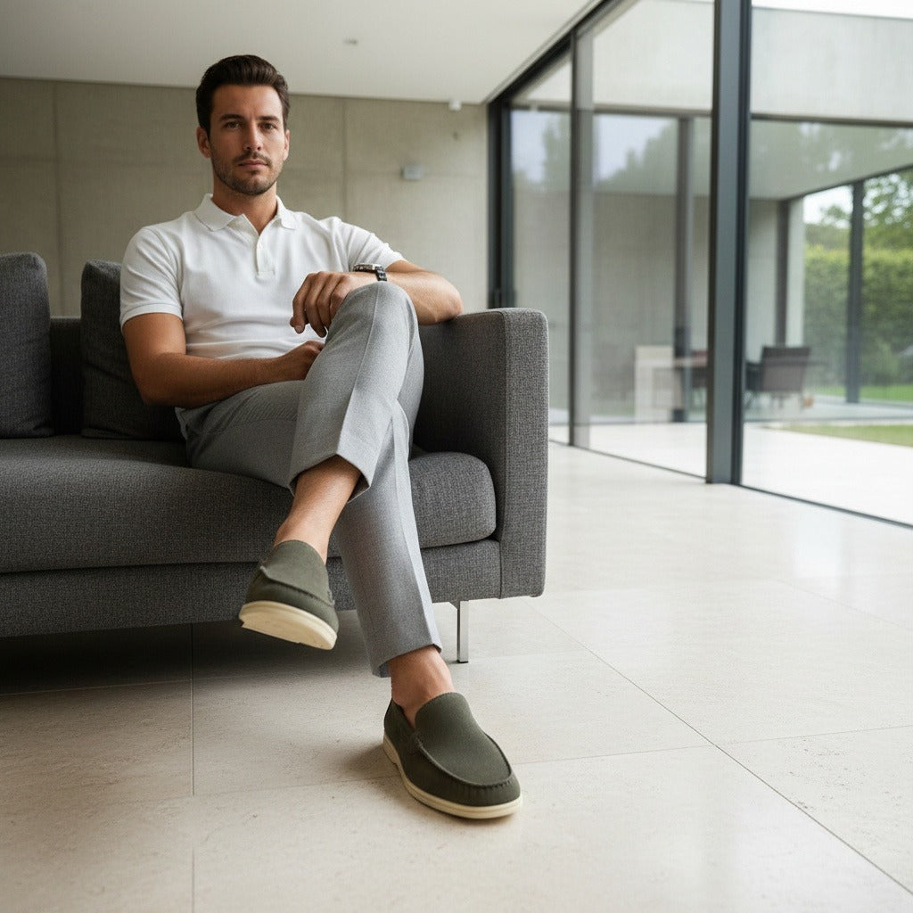 Olive Suede Loafers Men - Olive - Side Profile