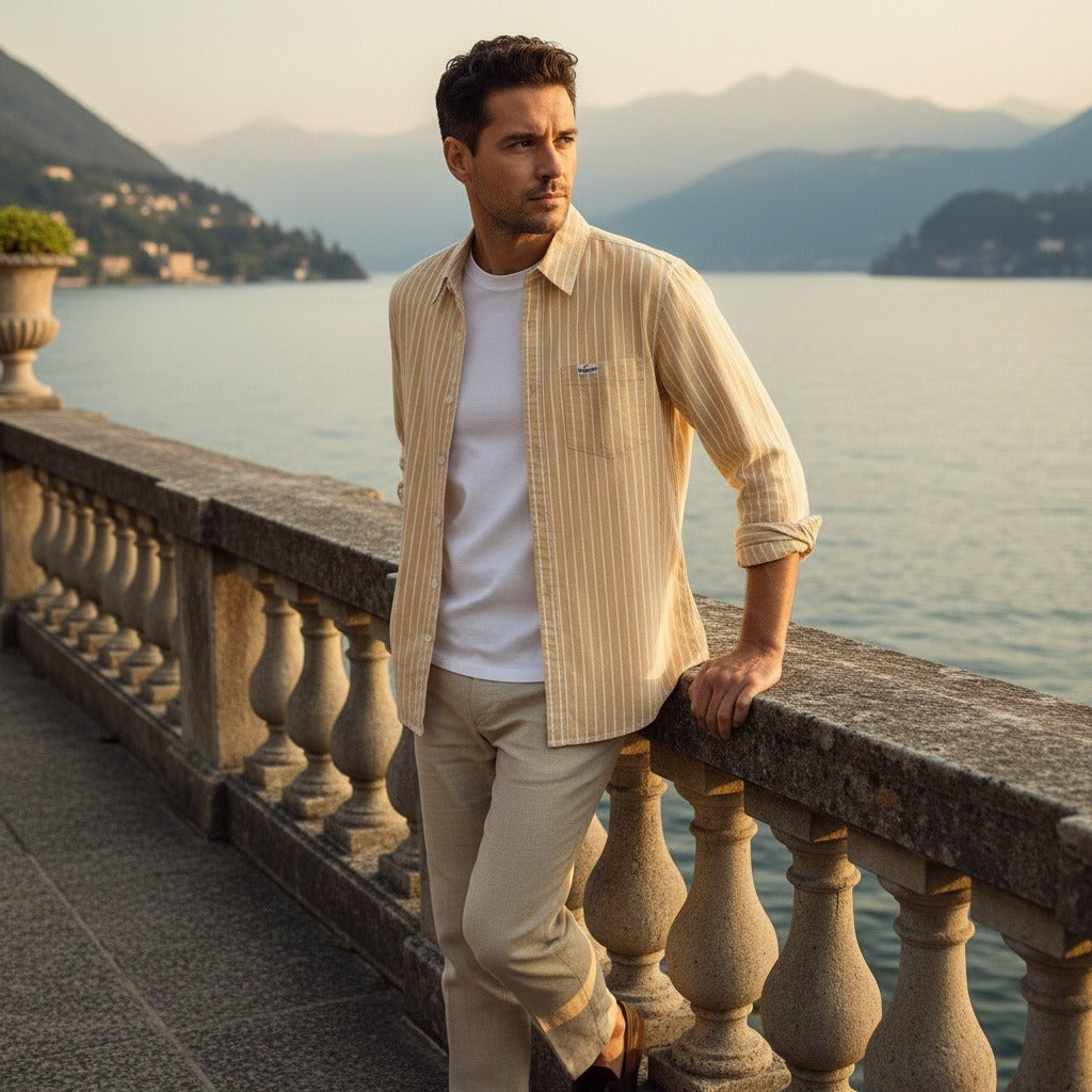 Organic Cotton Shirt - Sandy Gold Stripe - Angled Shot
