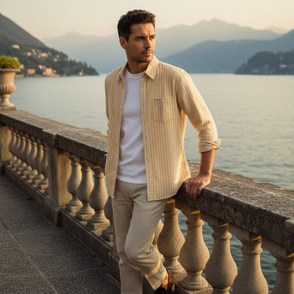 Organic Cotton Shirt - Sandy Gold Stripe - Angled Shot