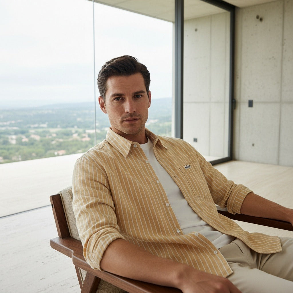 Organic Cotton Shirt - Sandy Gold Stripe - Side Profile