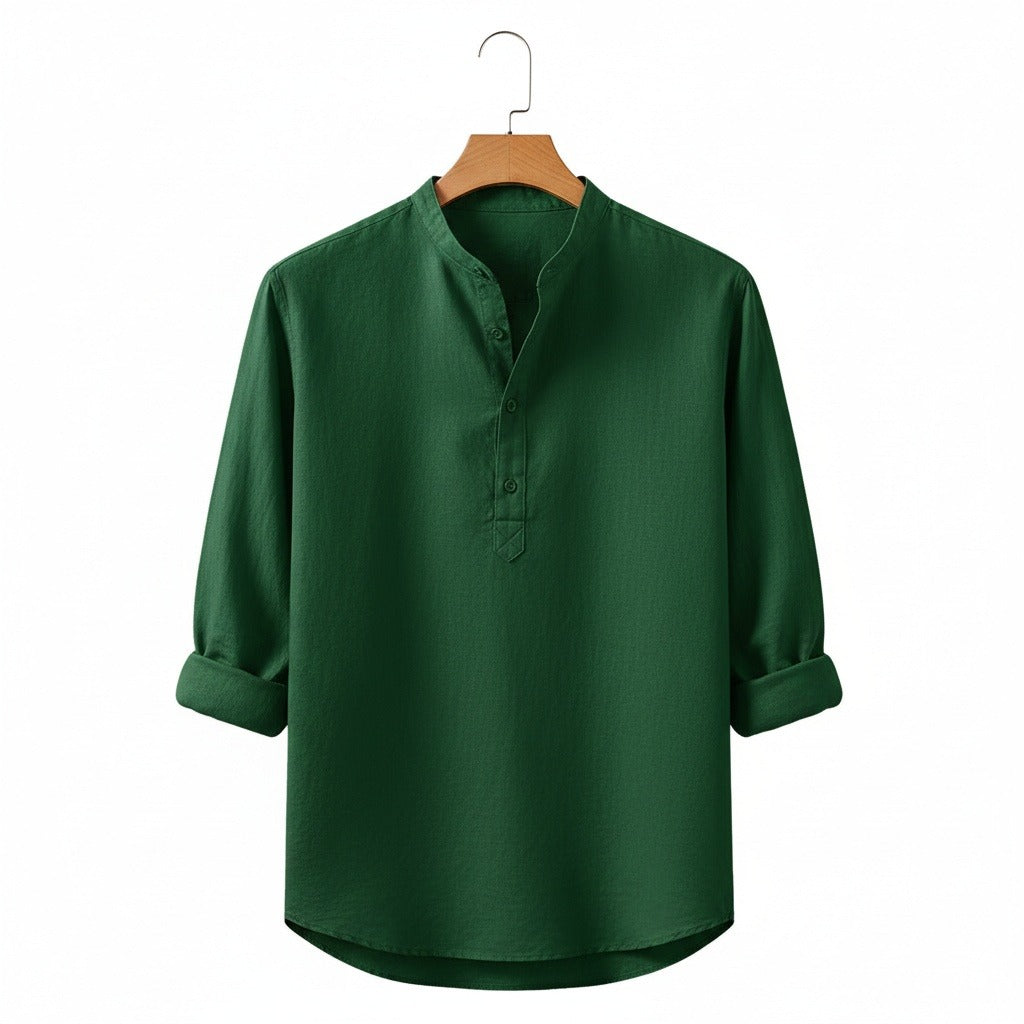 Oversized Linen Shirt - Forest Green - Front View
