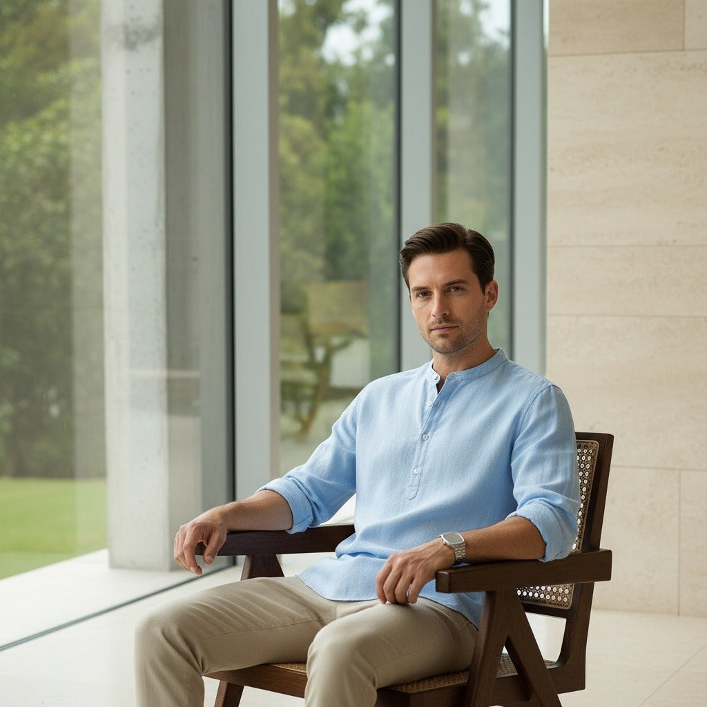 Oversized Linen Shirt - Sky Blue - Side Profile