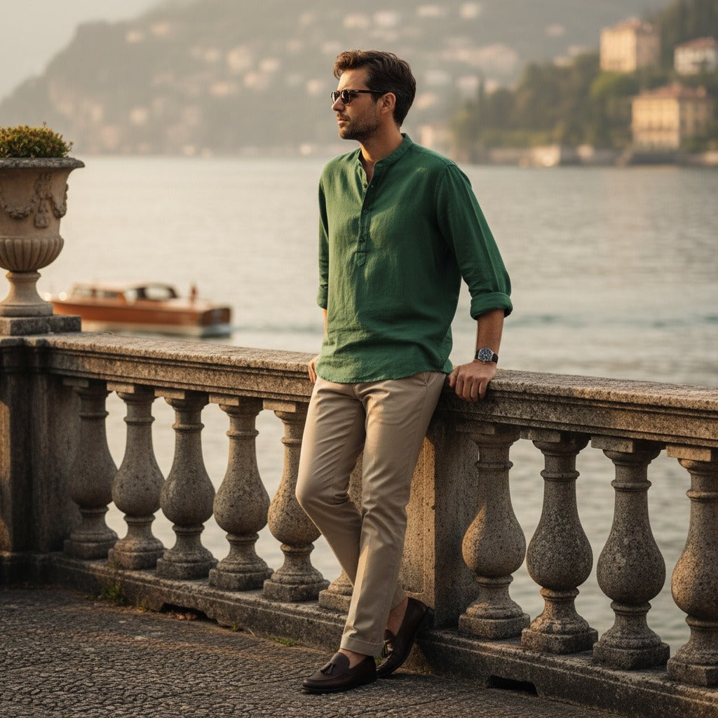 Oversized Linen Shirt - Forest Green - Angled Shot