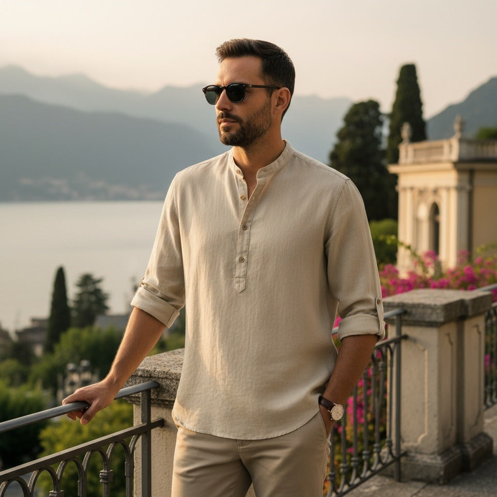Oversized Linen Shirt - Desert Sand - Angled Shot