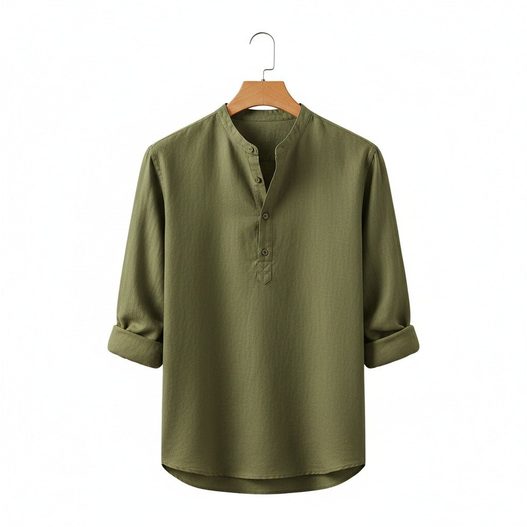 Oversized Linen Shirt - Olive Drab - Front View