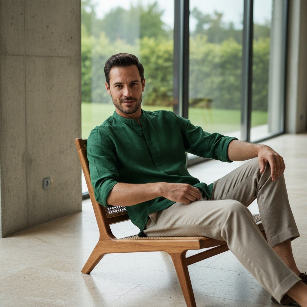 Oversized Linen Shirt - Forest Green - Side Profile