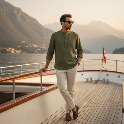 Oversized Linen Shirt - Olive Drab - Angled Shot