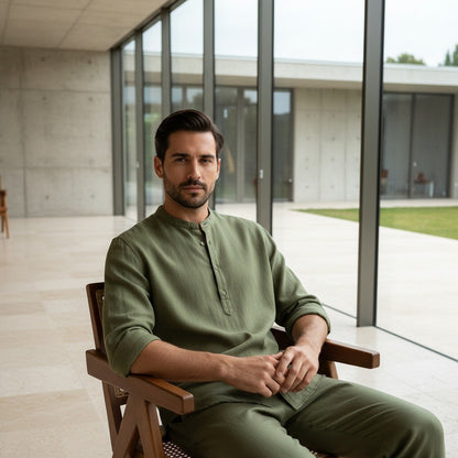 Oversized Linen Shirt - Olive Drab - Side Profile
