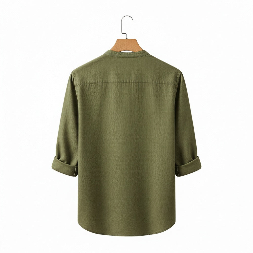 Oversized Linen Shirt - Olive Drab - Fabric Detail