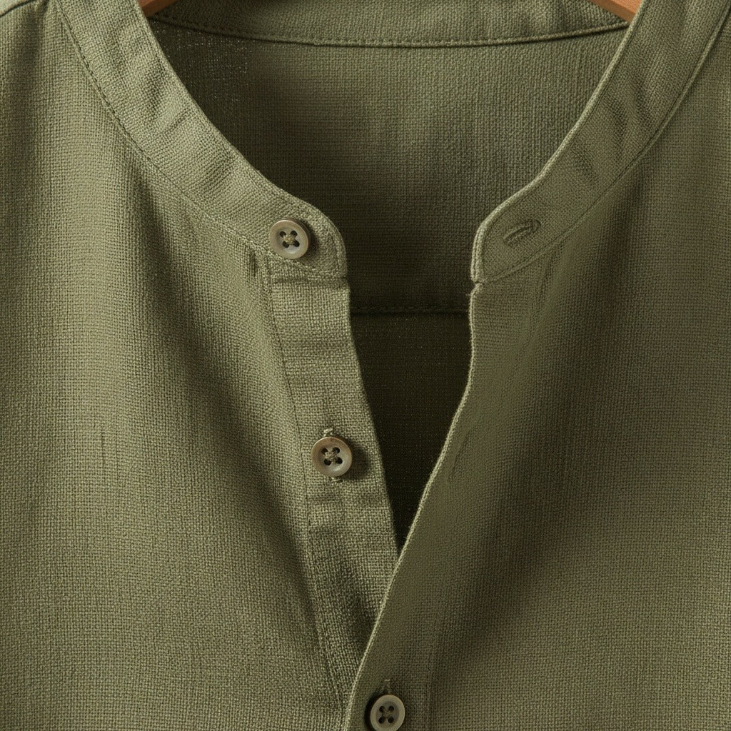 Oversized Linen Shirt - Olive Drab - Texture Close Up