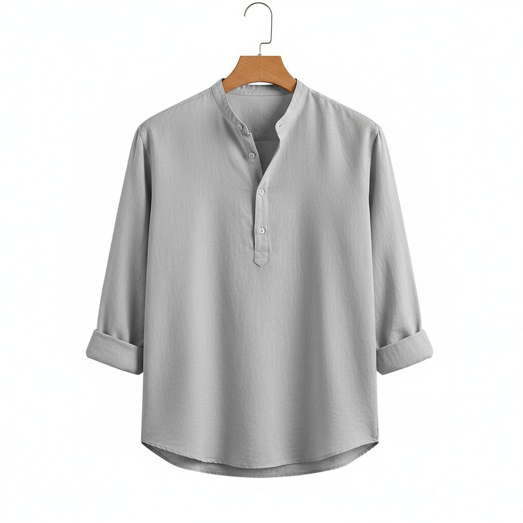 Oversized Linen Shirt - Stone Gray - Front View