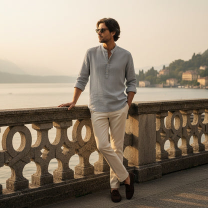 Oversized Linen Shirt - Stone Gray - Angled Shot