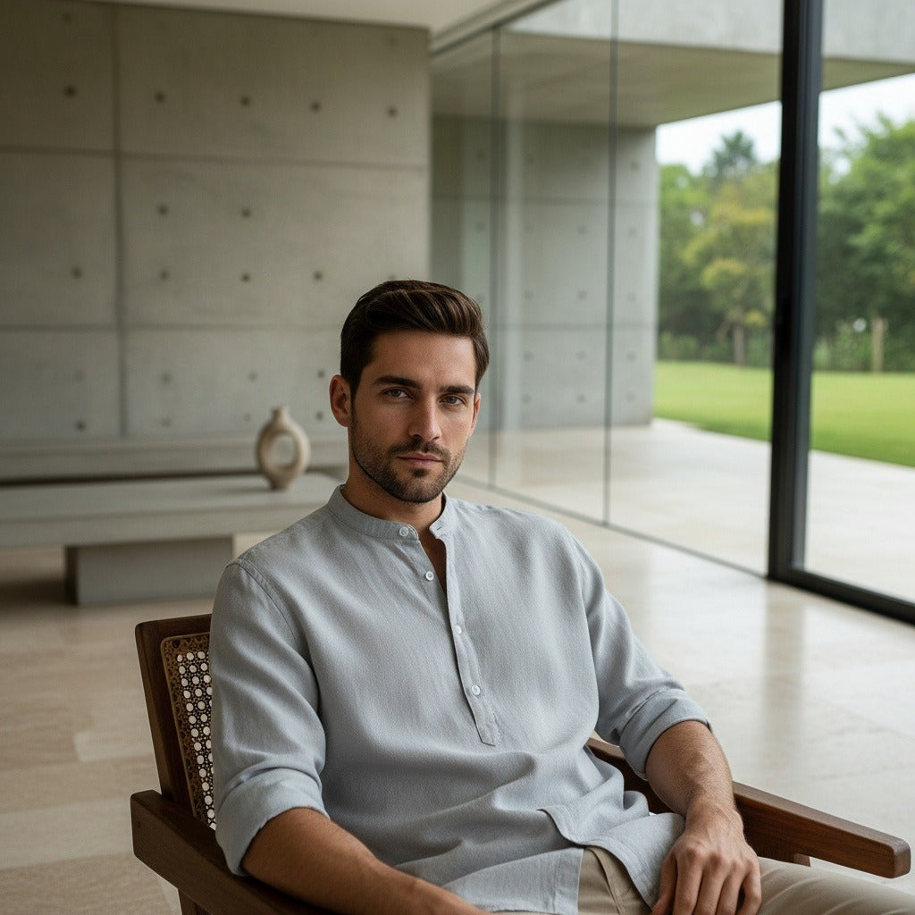 Oversized Linen Shirt - Stone Gray - Side Profile