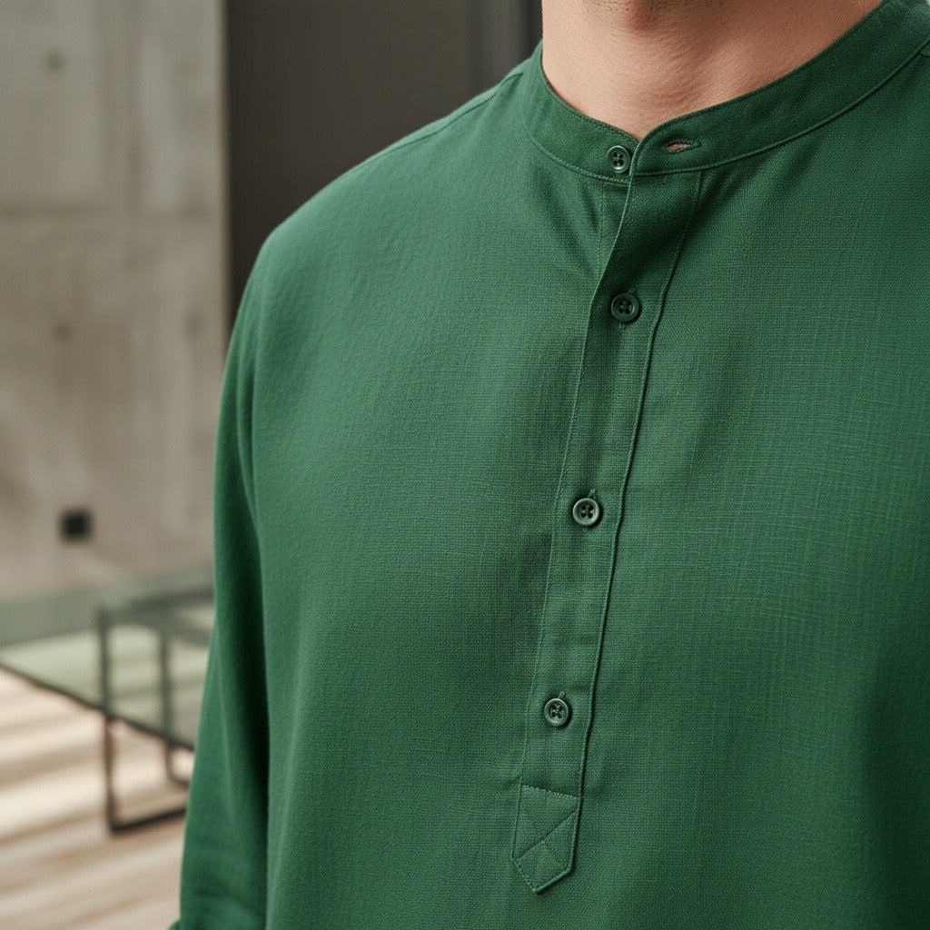 Oversized Linen Shirt - Forest Green - Back View