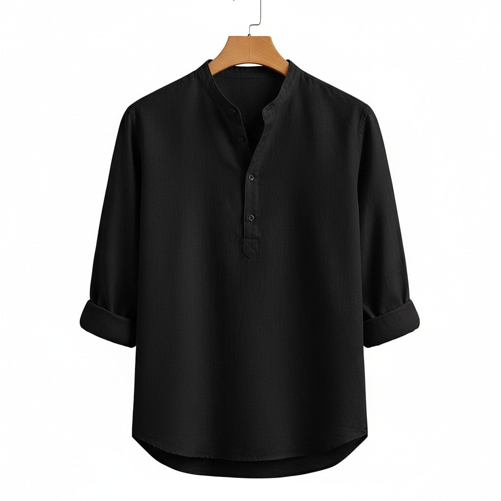 Oversized Linen Shirt - Pitch Black - Front View