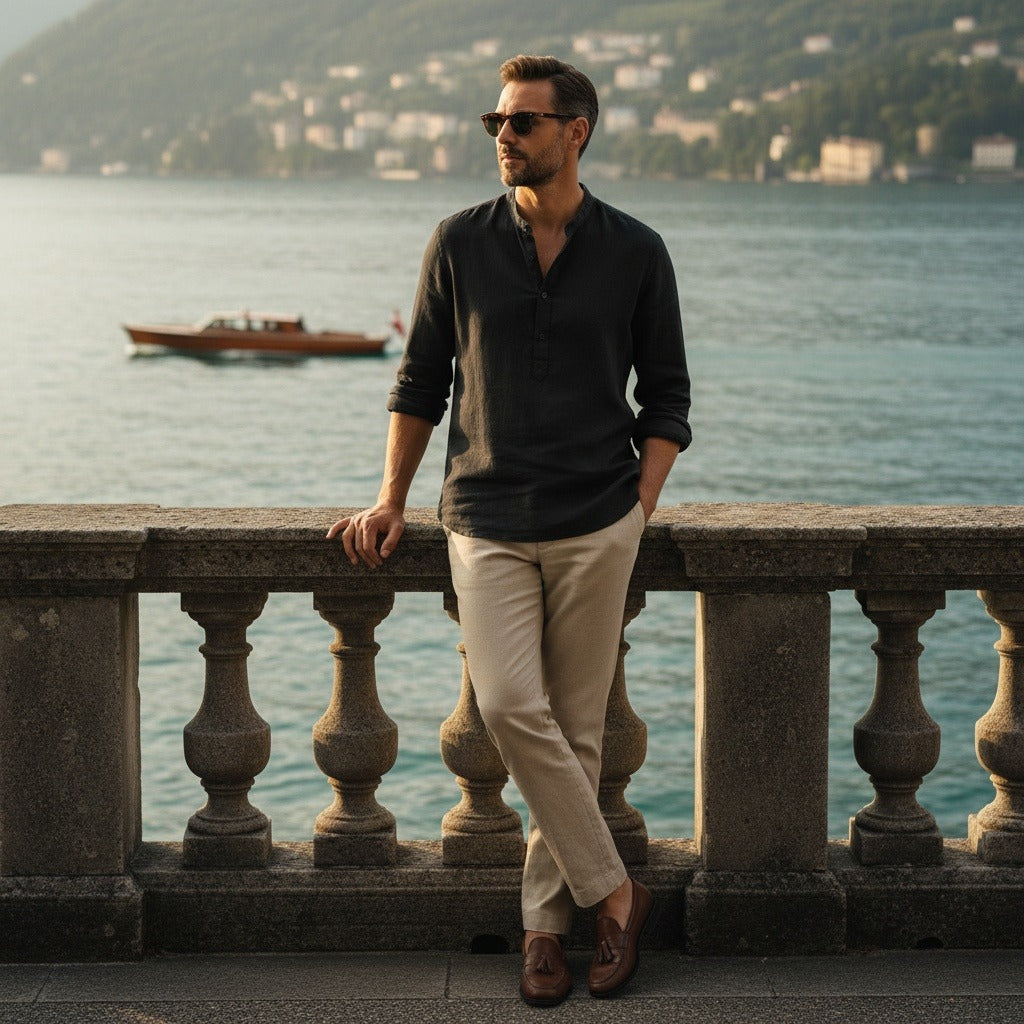 Oversized Linen Shirt - Pitch Black - Angled Shot