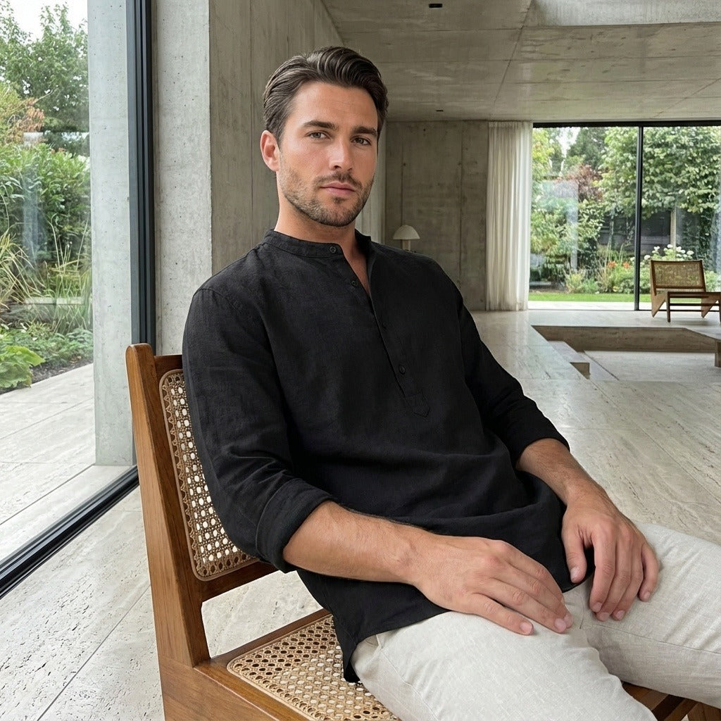 Oversized Linen Shirt - Pitch Black - Side Profile