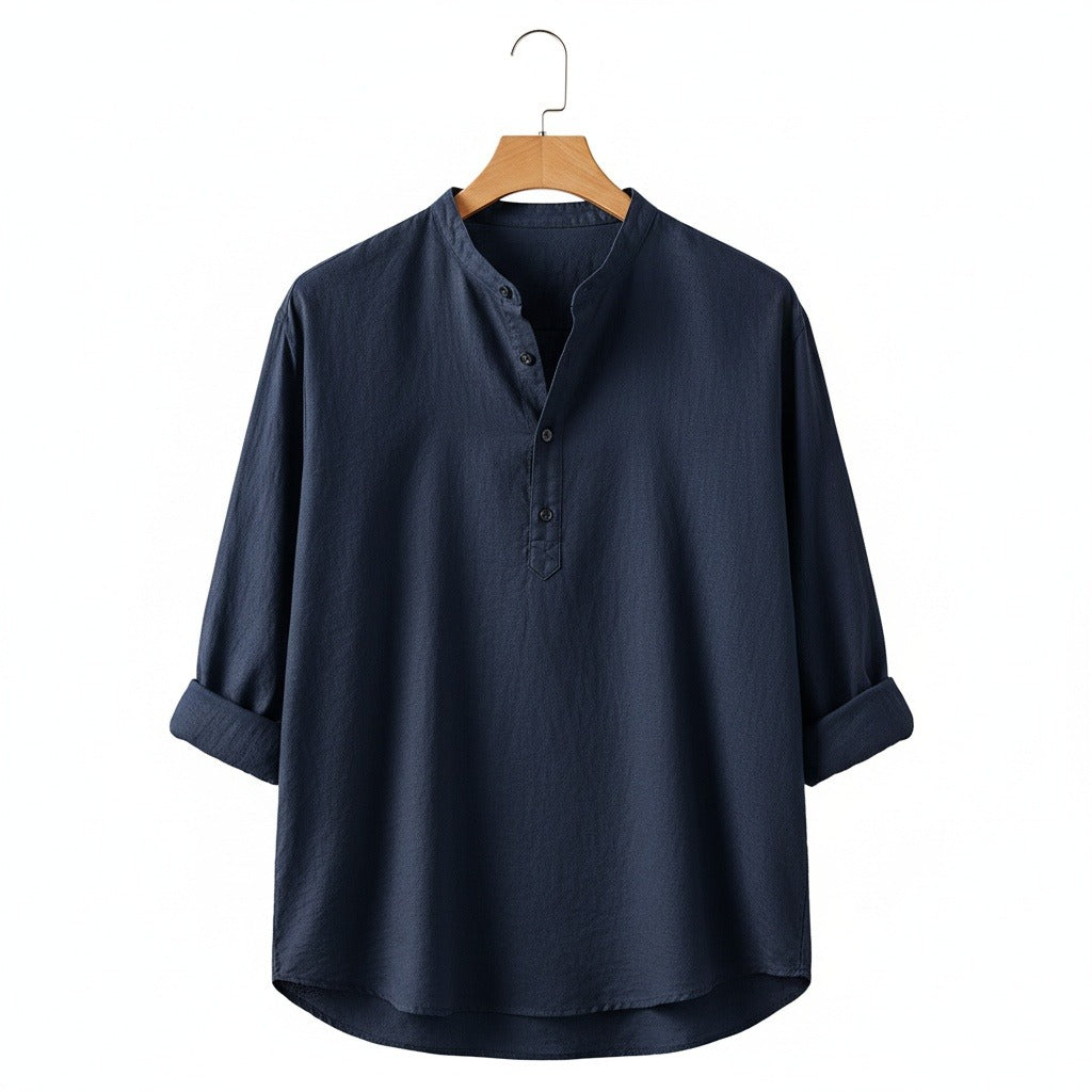 Oversized Linen Shirt - Midnight Blue - Front View
