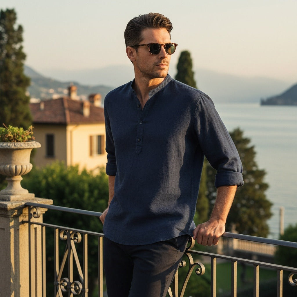 Oversized Linen Shirt - Midnight Blue - Angled Shot