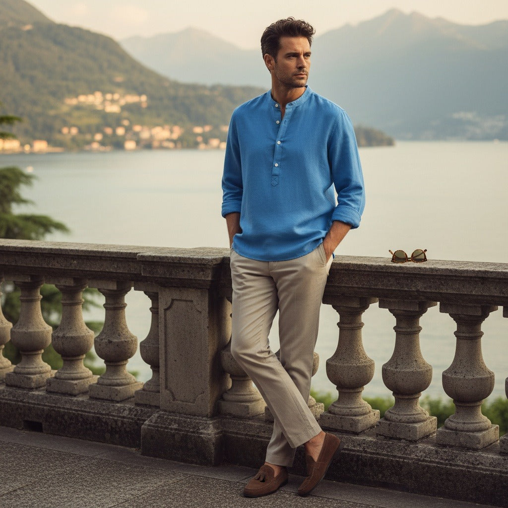 Oversized Linen Shirt - Ocean Blue - Angled Shot
