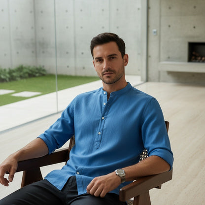 Oversized Linen Shirt - Ocean Blue - Side Profile