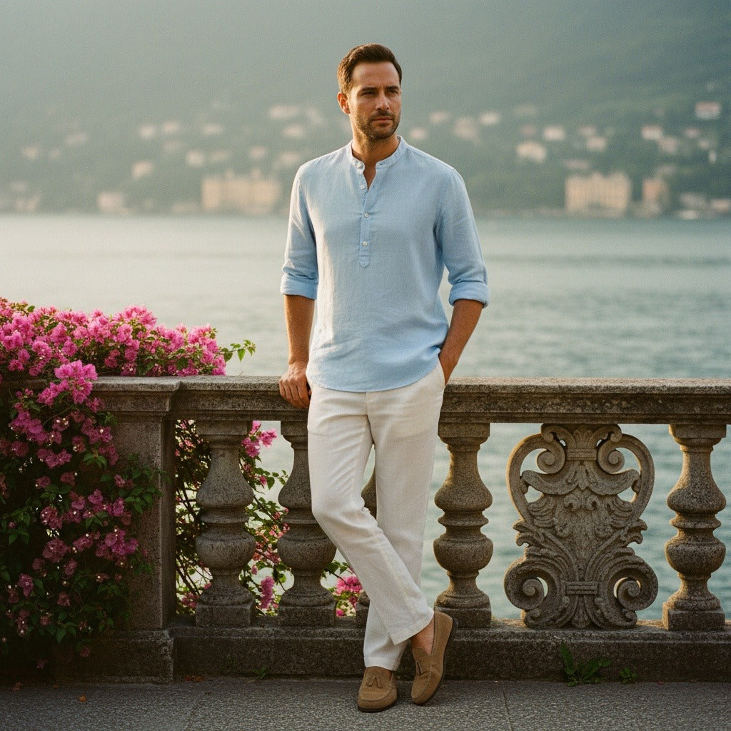 Oversized Linen Shirt - Sky Blue - Angled Shot