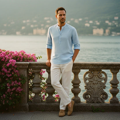 Oversized Linen Shirt - Sky Blue - Angled Shot