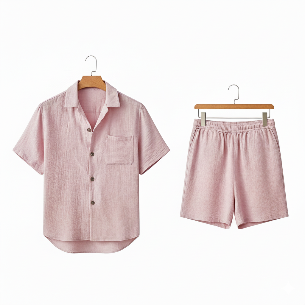 Pink Linen Shirt and Short Set - Pink - Front View
