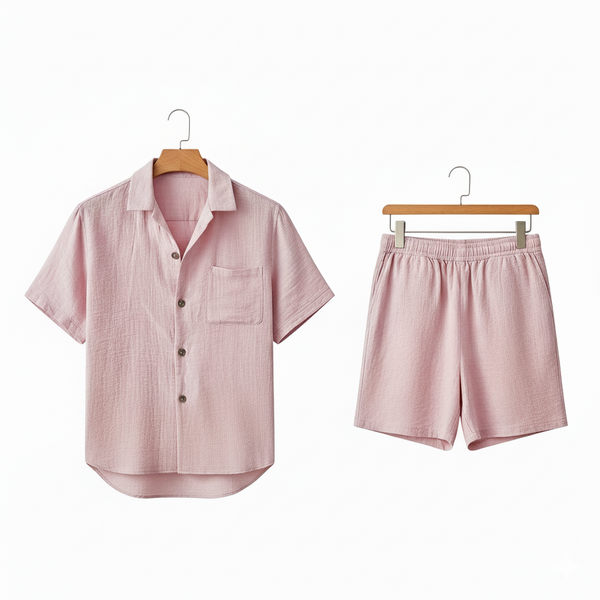 Pink Linen Shirt and Short Set - Pink - Front View